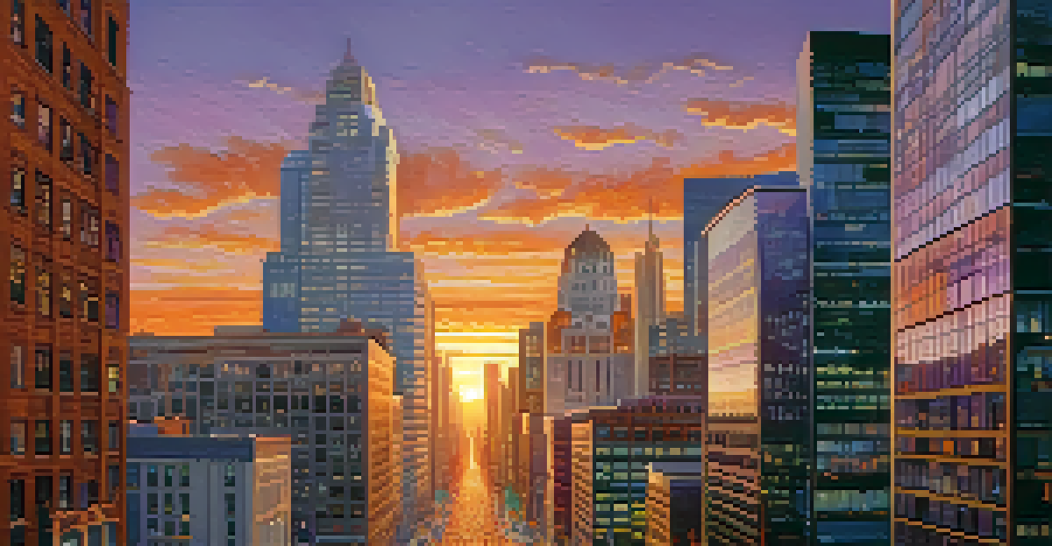 An aerial view of a cityscape at sunset, highlighting high-rise buildings and urban life.