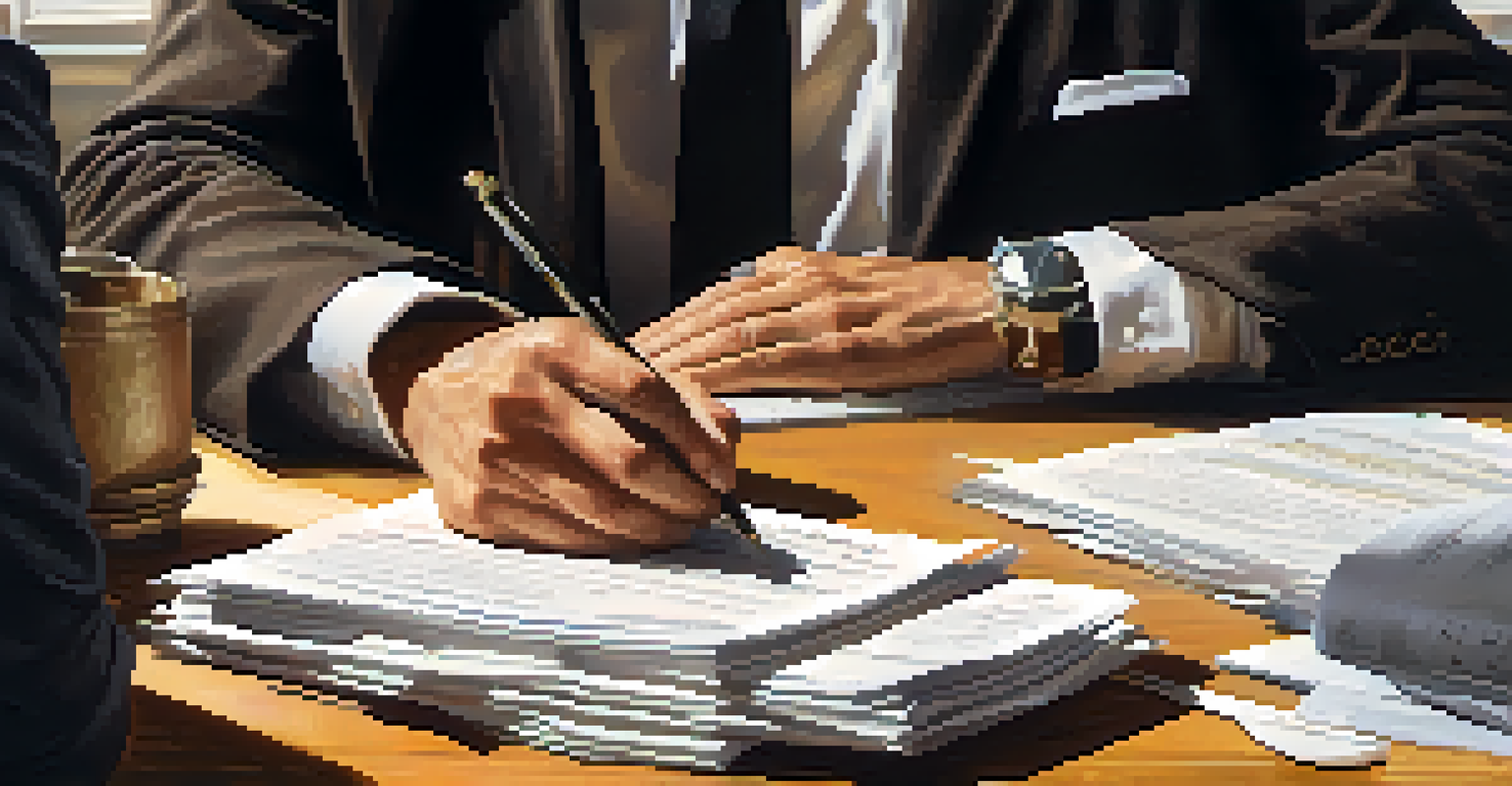 Close-up of hands sorting legal documents with a calculator and coffee cup nearby.