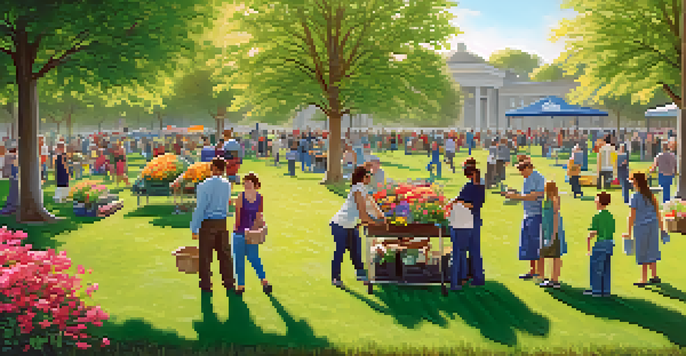 A sunny park with people of different ages and backgrounds participating in charitable activities, including donating items and planting trees.