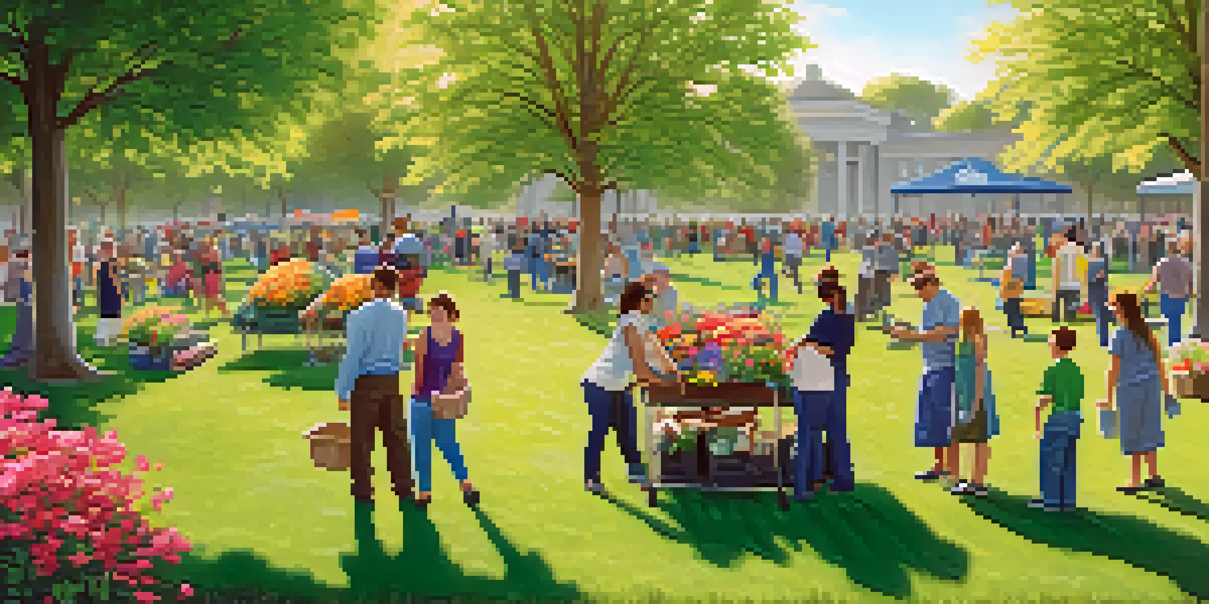A sunny park with people of different ages and backgrounds participating in charitable activities, including donating items and planting trees.