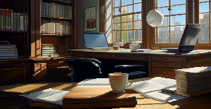 A well-lit office with a wooden desk, laptop, documents, a globe, and a coffee cup.