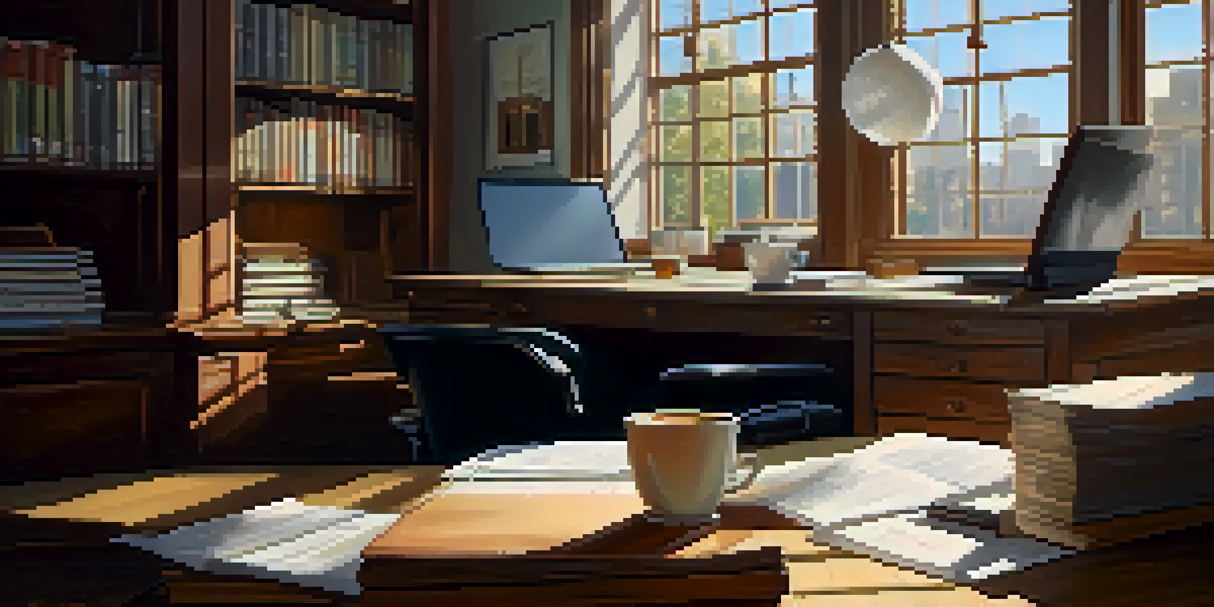A well-lit office with a wooden desk, laptop, documents, a globe, and a coffee cup.