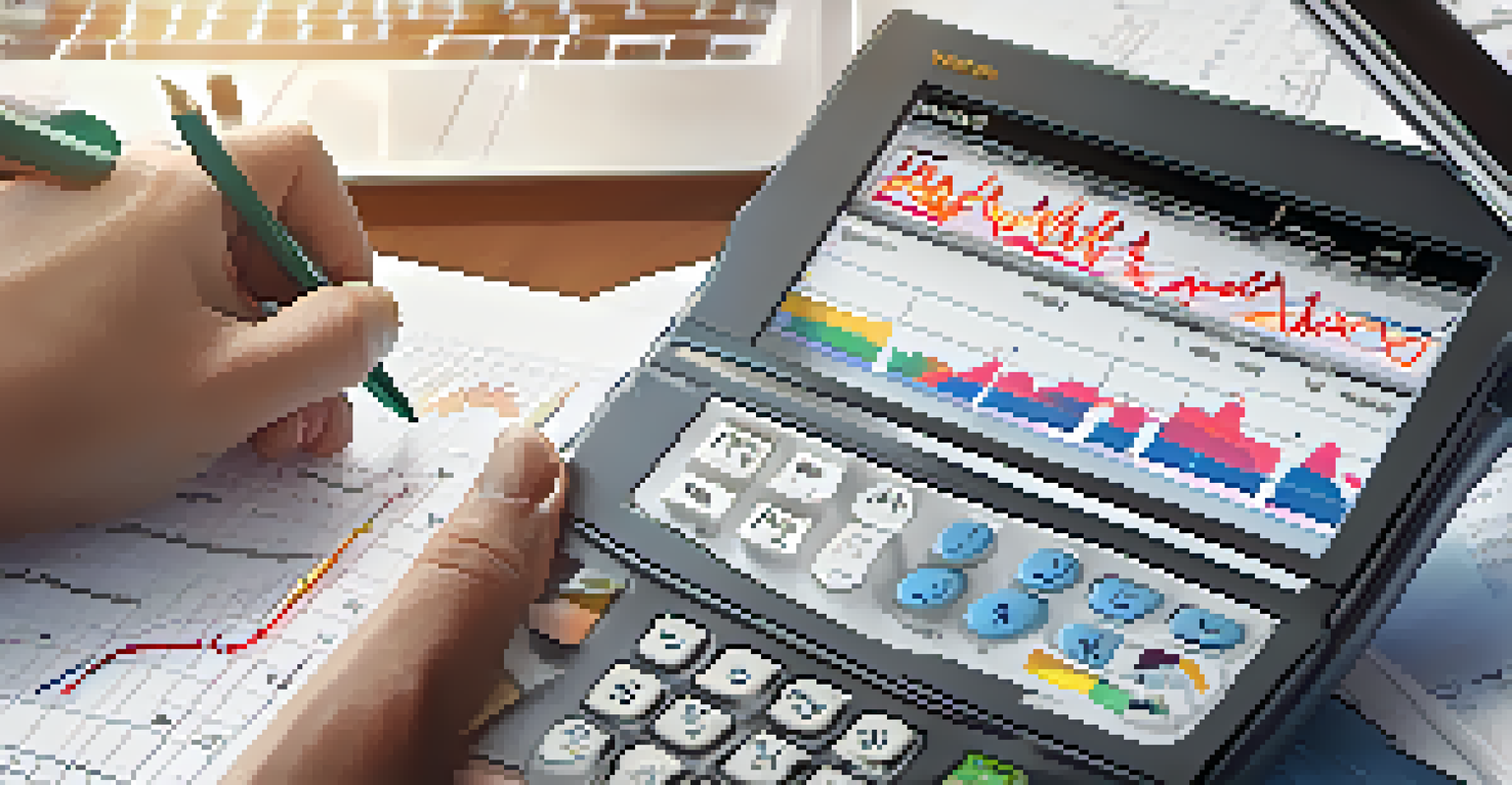 Close-up of hands with a calculator and notepad, surrounded by financial data on a computer screen.