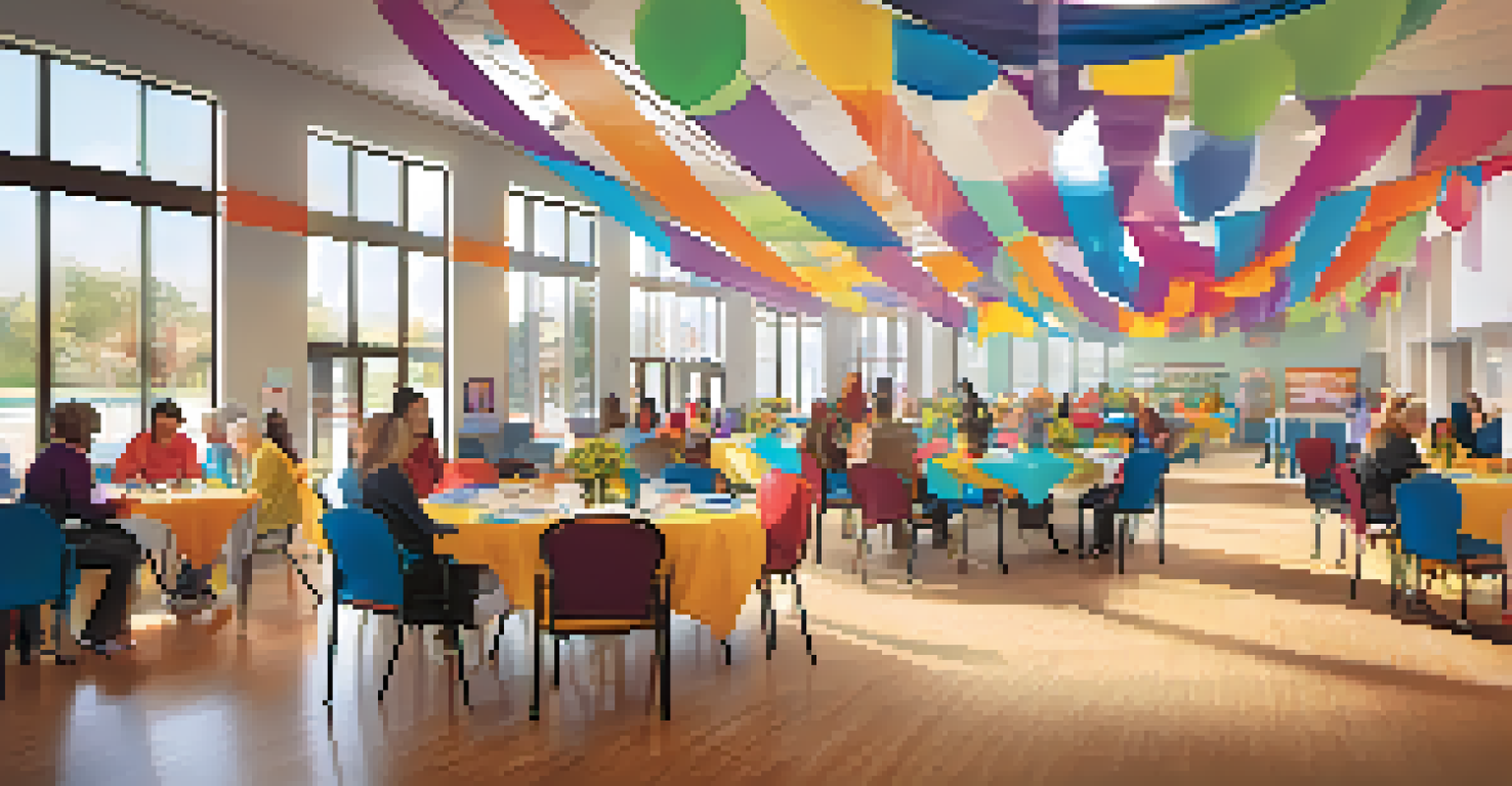 A community center interior decorated for a charity event, featuring tables with information and volunteers interacting with attendees.