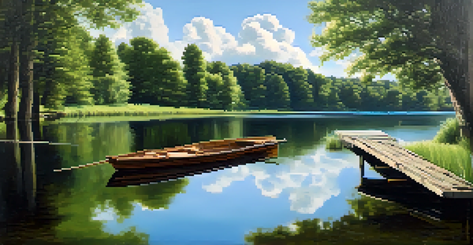 A peaceful lake scene with green hills and a blue sky, featuring a wooden dock and a rowboat.