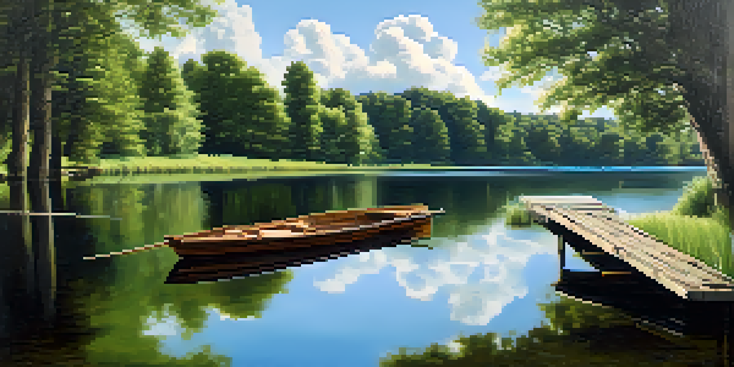 A peaceful lake scene with green hills and a blue sky, featuring a wooden dock and a rowboat.