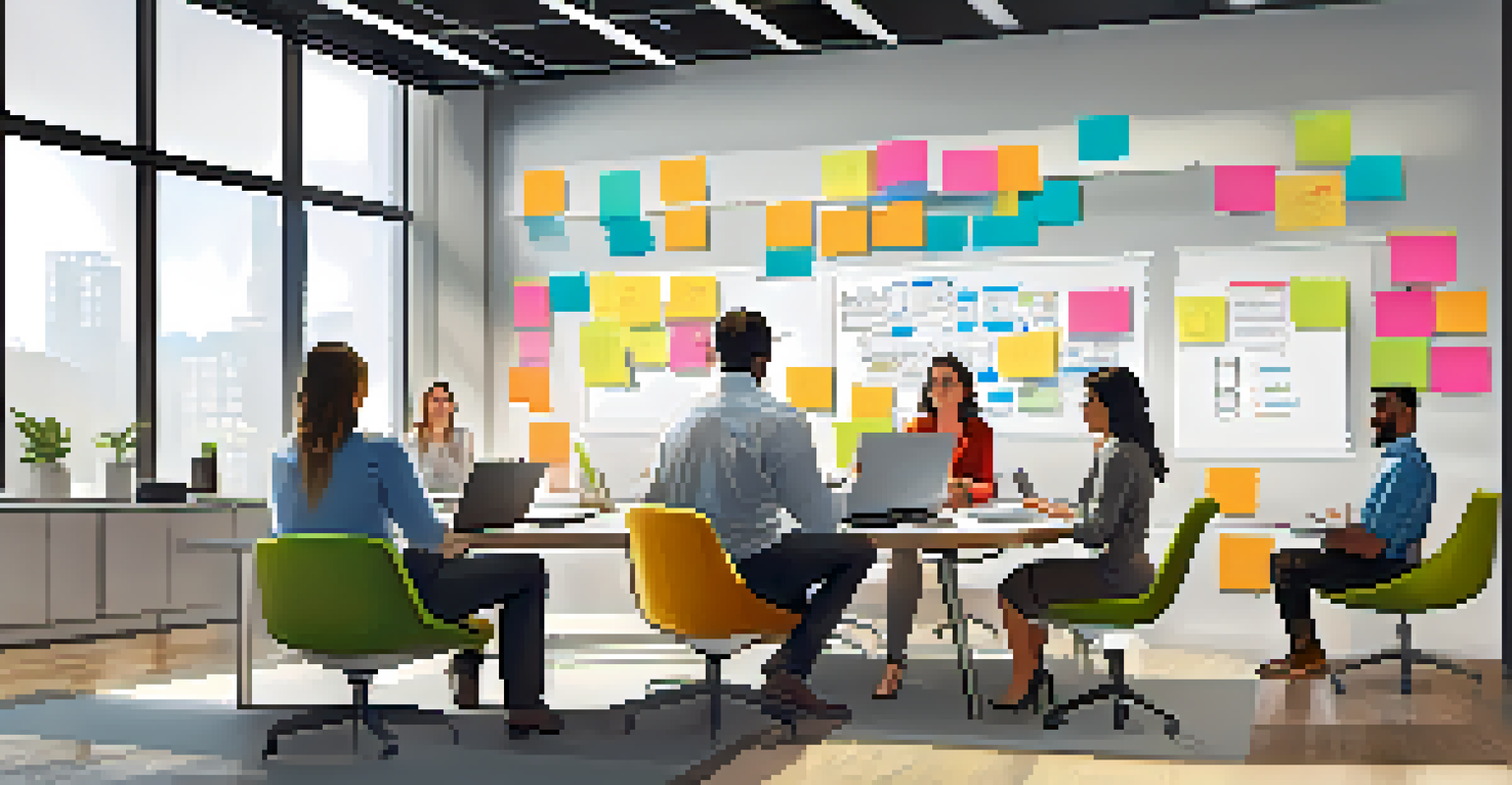A diverse group of professionals collaborating in a bright office space with laptops and a whiteboard.