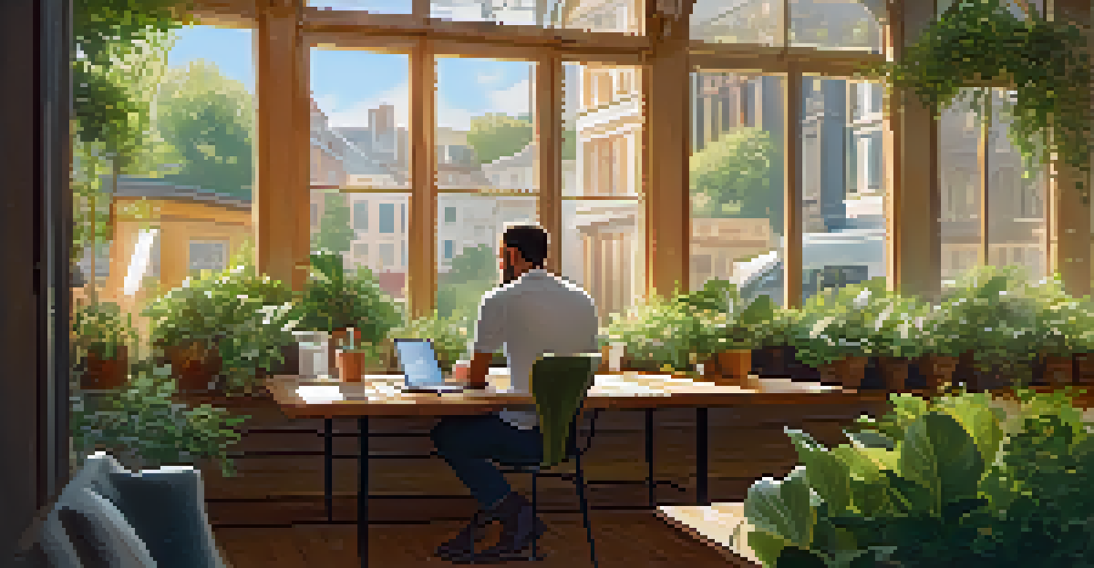 An entrepreneur at a cafe working on a laptop with notes and a plant on the table, illuminated by sunlight.