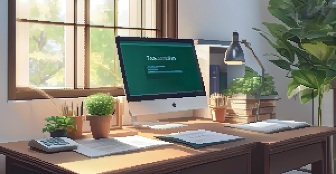 A warm and inviting home office with a desk filled with tax documents and a laptop. A plant and a sunny window create a pleasant atmosphere.