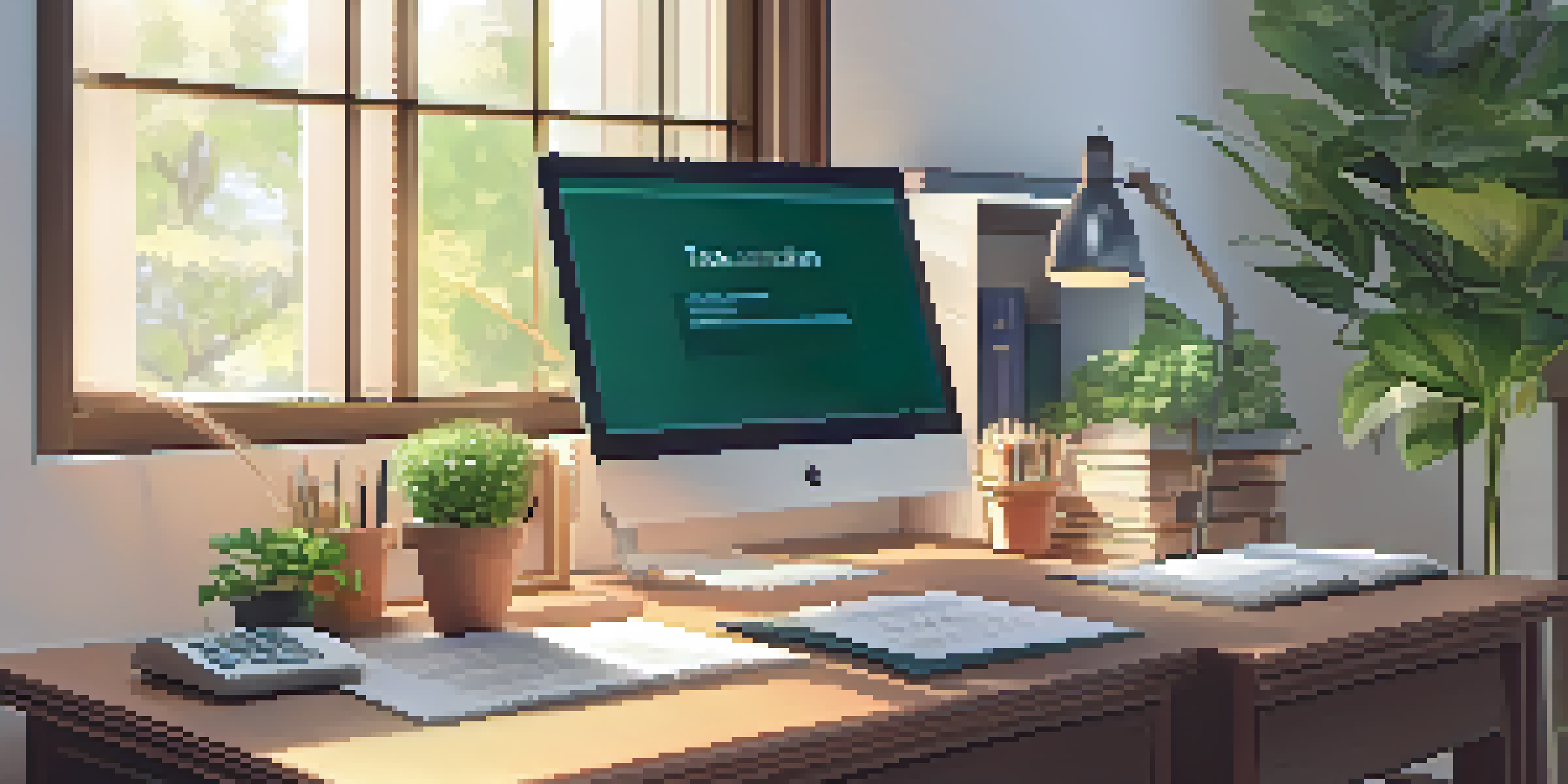 A warm and inviting home office with a desk filled with tax documents and a laptop. A plant and a sunny window create a pleasant atmosphere.