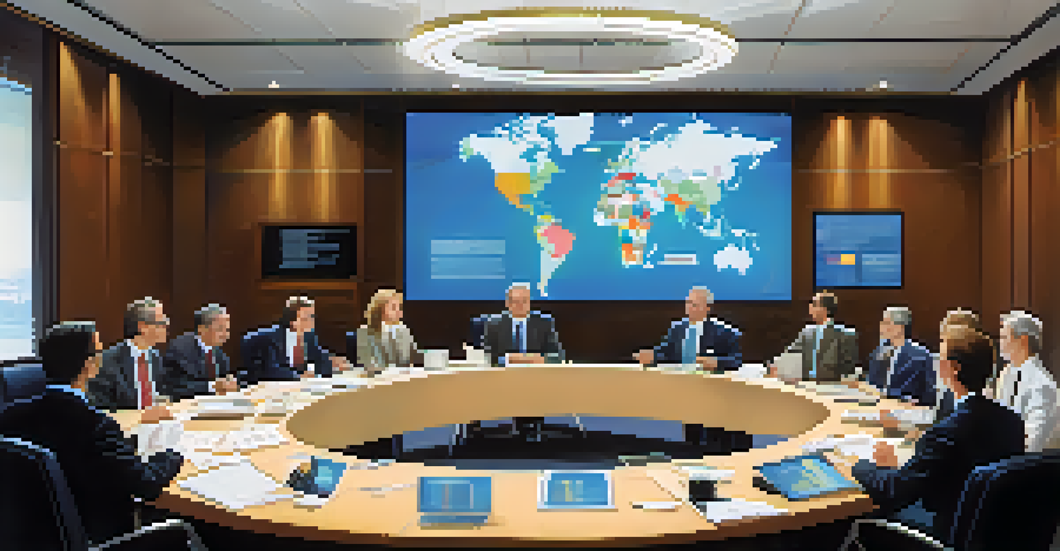 A diverse group of business professionals engaged in discussion around a round table, with charts and a globe in the background.