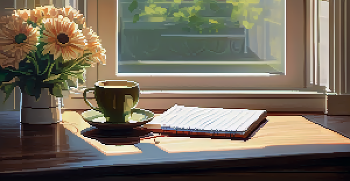An office desk with a laptop, flowers, a notepad, and a cup of coffee under morning sunlight.