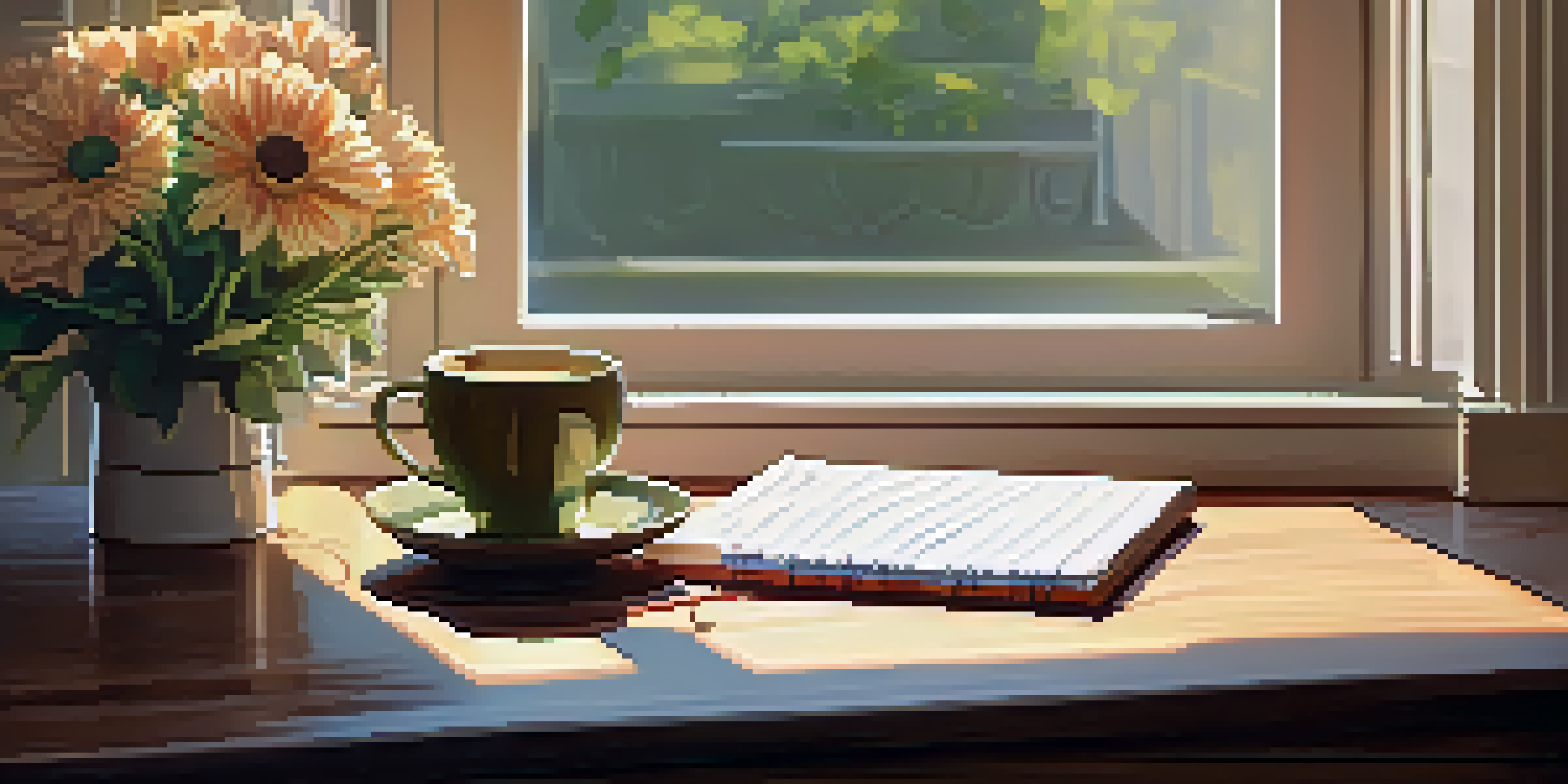 An office desk with a laptop, flowers, a notepad, and a cup of coffee under morning sunlight.