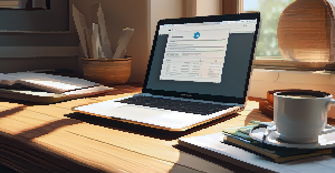 A warm and inviting home office with a wooden desk, organized tax documents, a laptop, and a cup of coffee, illuminated by soft natural light.