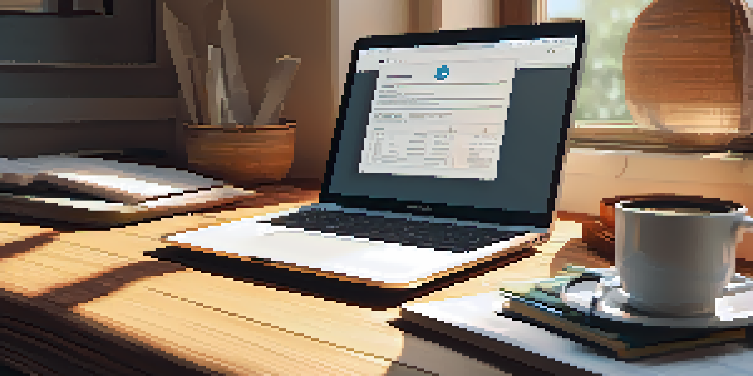 A warm and inviting home office with a wooden desk, organized tax documents, a laptop, and a cup of coffee, illuminated by soft natural light.
