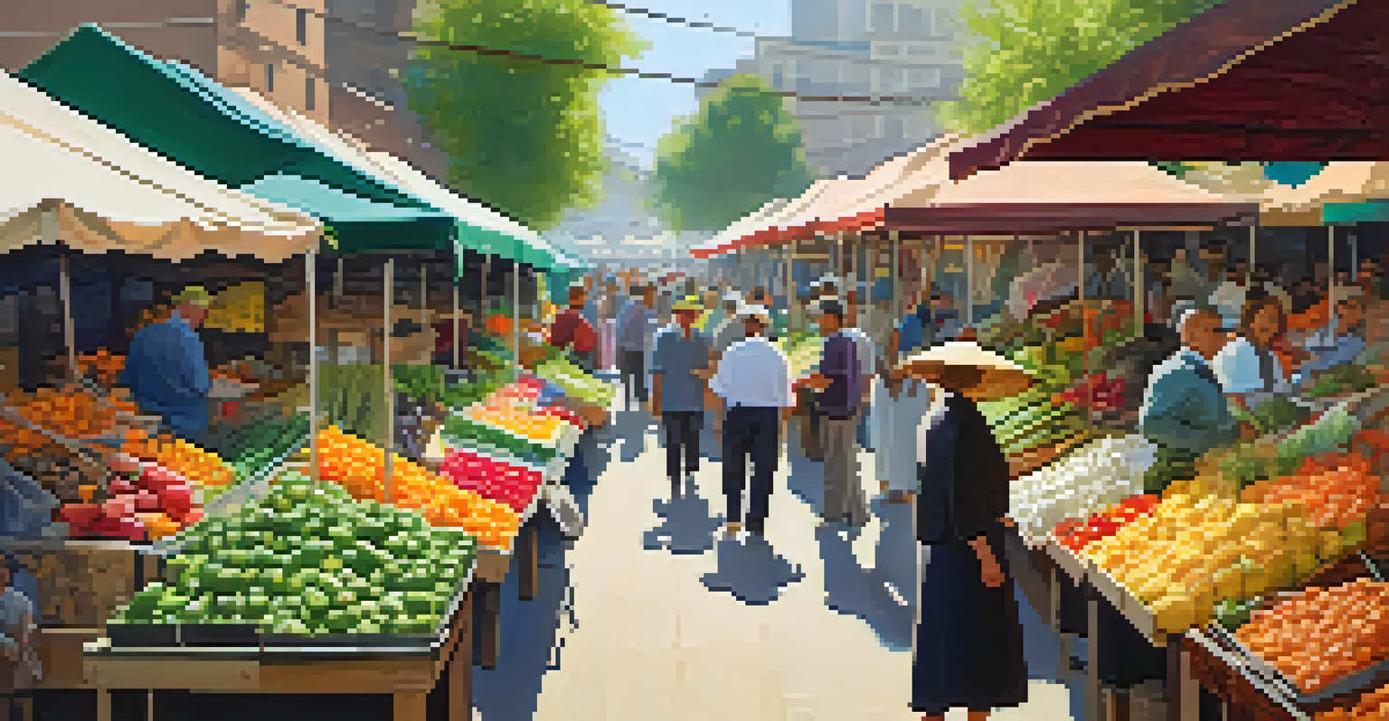 A lively outdoor market with colorful stalls of fresh produce and flowers, bustling with people under sunny skies.