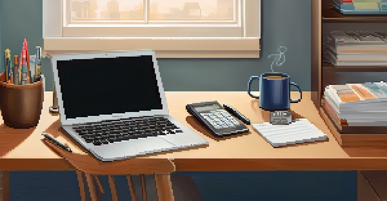 A close-up of a desk featuring organized supplies, coffee, and a computer screen showing tax preparation software.