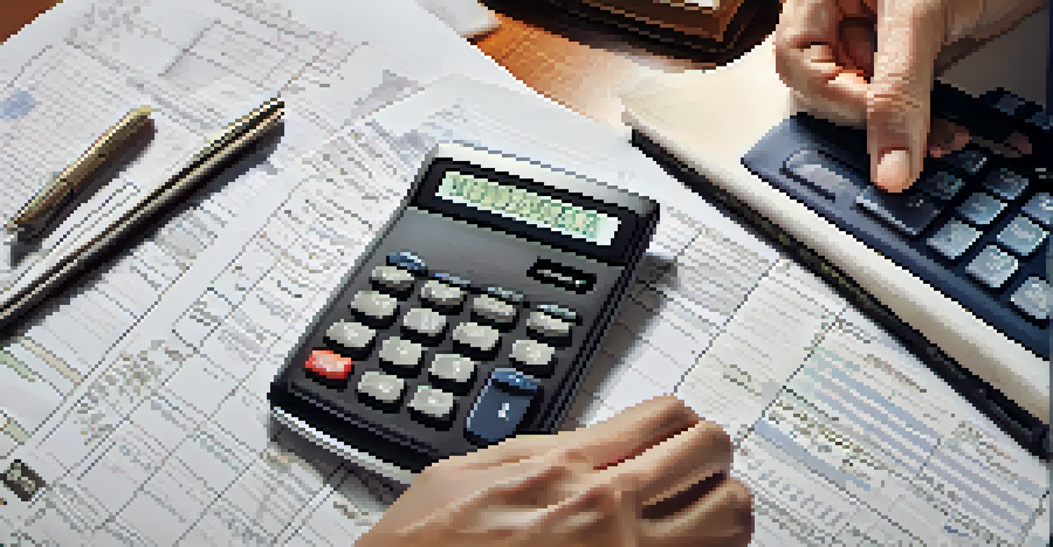 A person's hands using a calculator, with alimony calculations on a notepad, surrounded by family law books in the background.