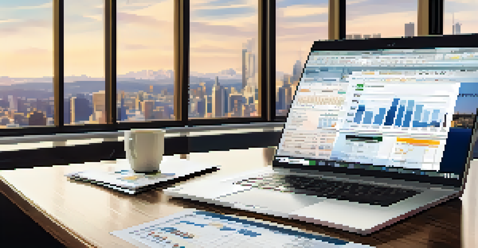 An office desk with a laptop displaying financial data, surrounded by charts and a city view in the background.