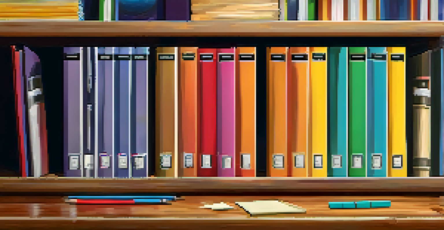 A hand holding colorful file folders with labels, representing organized document management.