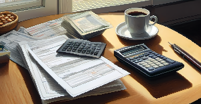 A close-up of a W-2 form on a wooden desk, with a calculator and a cup of coffee in the background, illuminated by soft natural light.