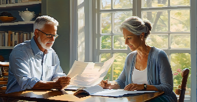 A couple reviewing their retirement plans at a dining table with a laptop and financial documents in a warmly lit room.