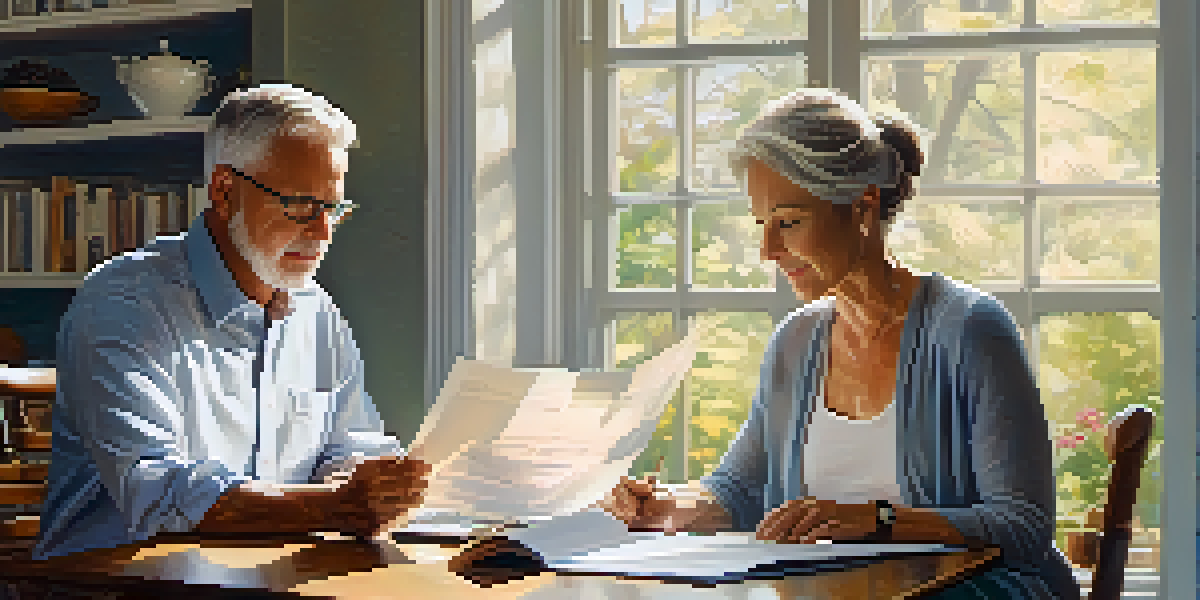 A couple reviewing their retirement plans at a dining table with a laptop and financial documents in a warmly lit room.