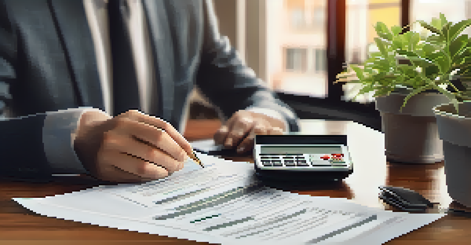 A hand holding a calculator and tax documents on a desk, representing personal finance and taxation.