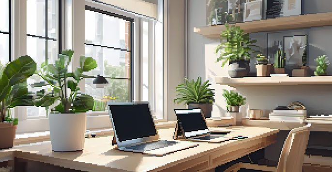 A bright and modern workspace dedicated to e-commerce, showcasing a laptop with an online shopping site, plants, and a coffee cup.