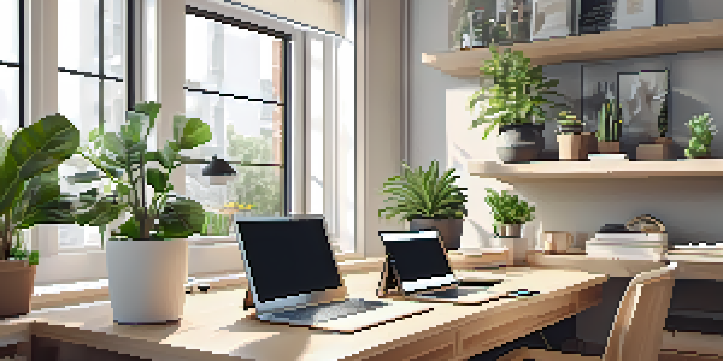 A bright and modern workspace dedicated to e-commerce, showcasing a laptop with an online shopping site, plants, and a coffee cup.