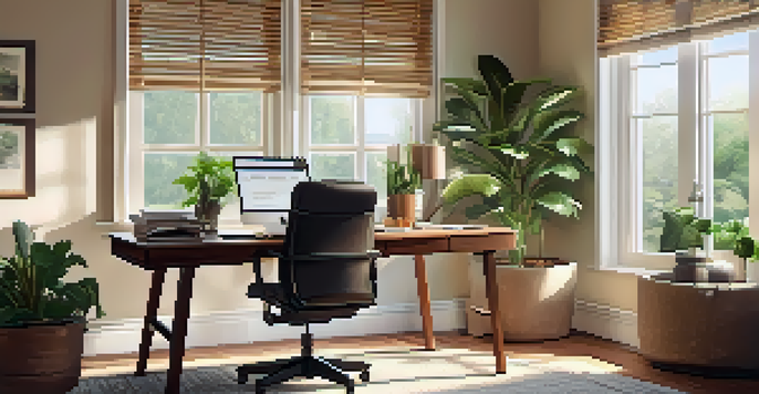 A cozy home office featuring a wooden desk with a laptop open to a tax form and a cup of coffee, surrounded by plants and natural light.