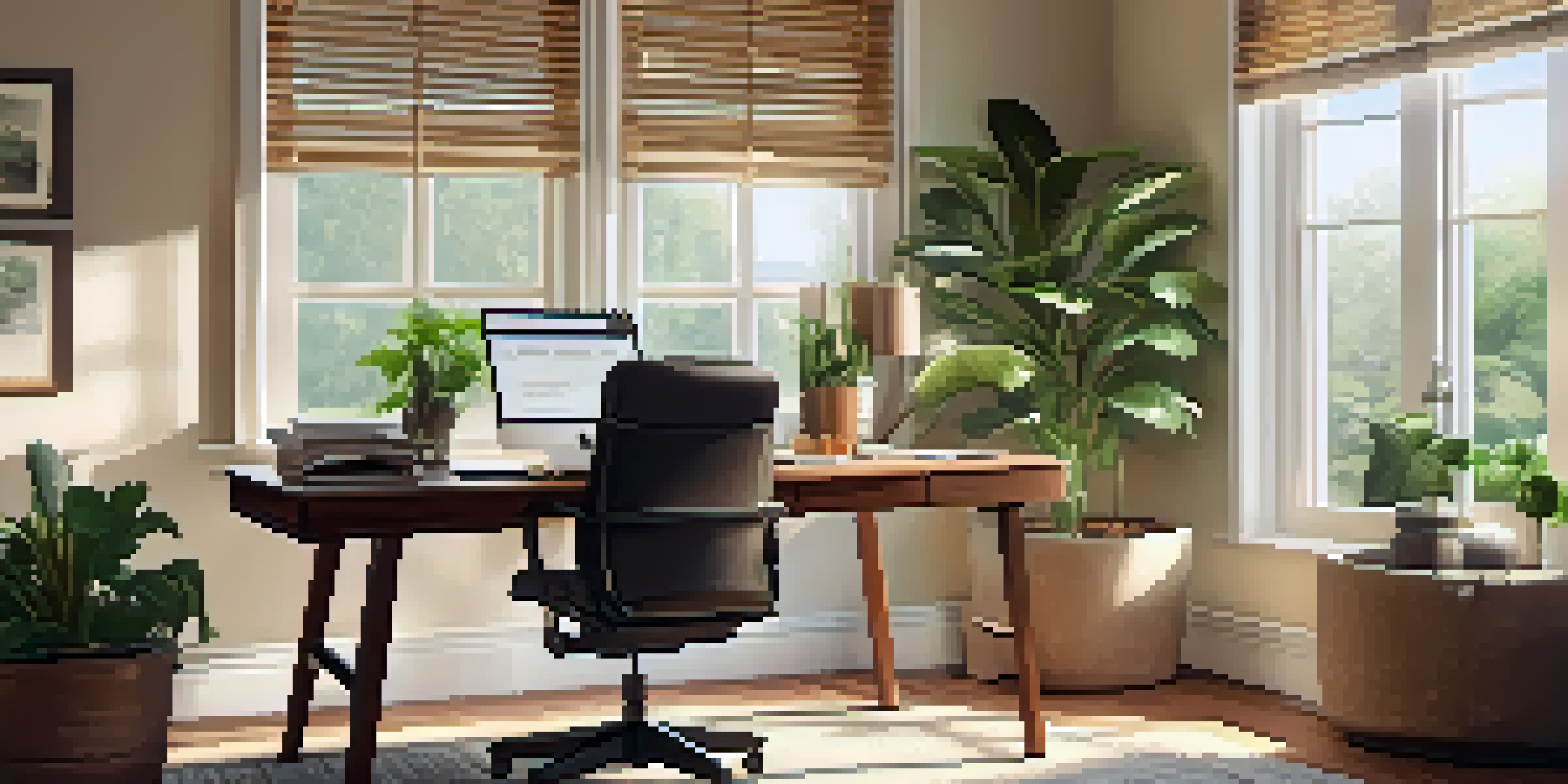 A cozy home office featuring a wooden desk with a laptop open to a tax form and a cup of coffee, surrounded by plants and natural light.