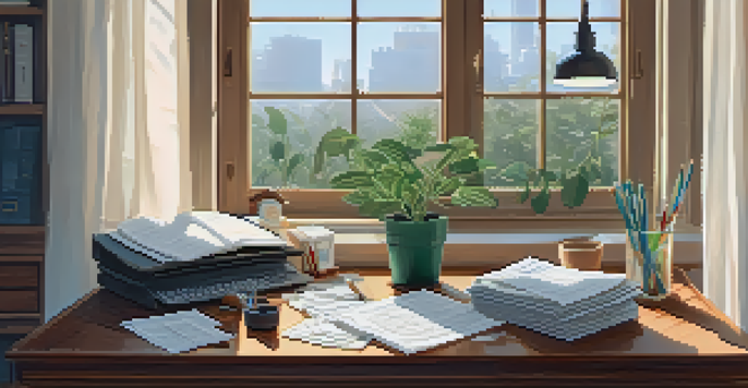 A cozy home office with a wooden desk filled with medical bills and receipts, illuminated by soft morning light.