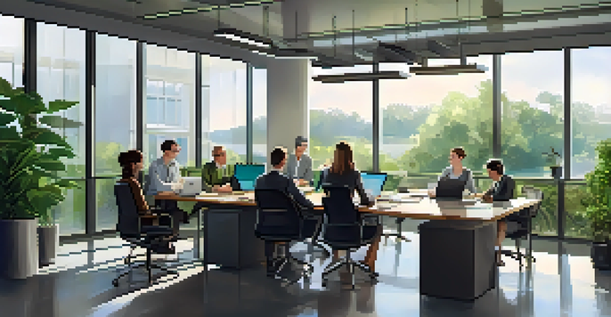 A diverse group of professionals discussing cross-border tax compliance in a bright office with plants and modern decor.