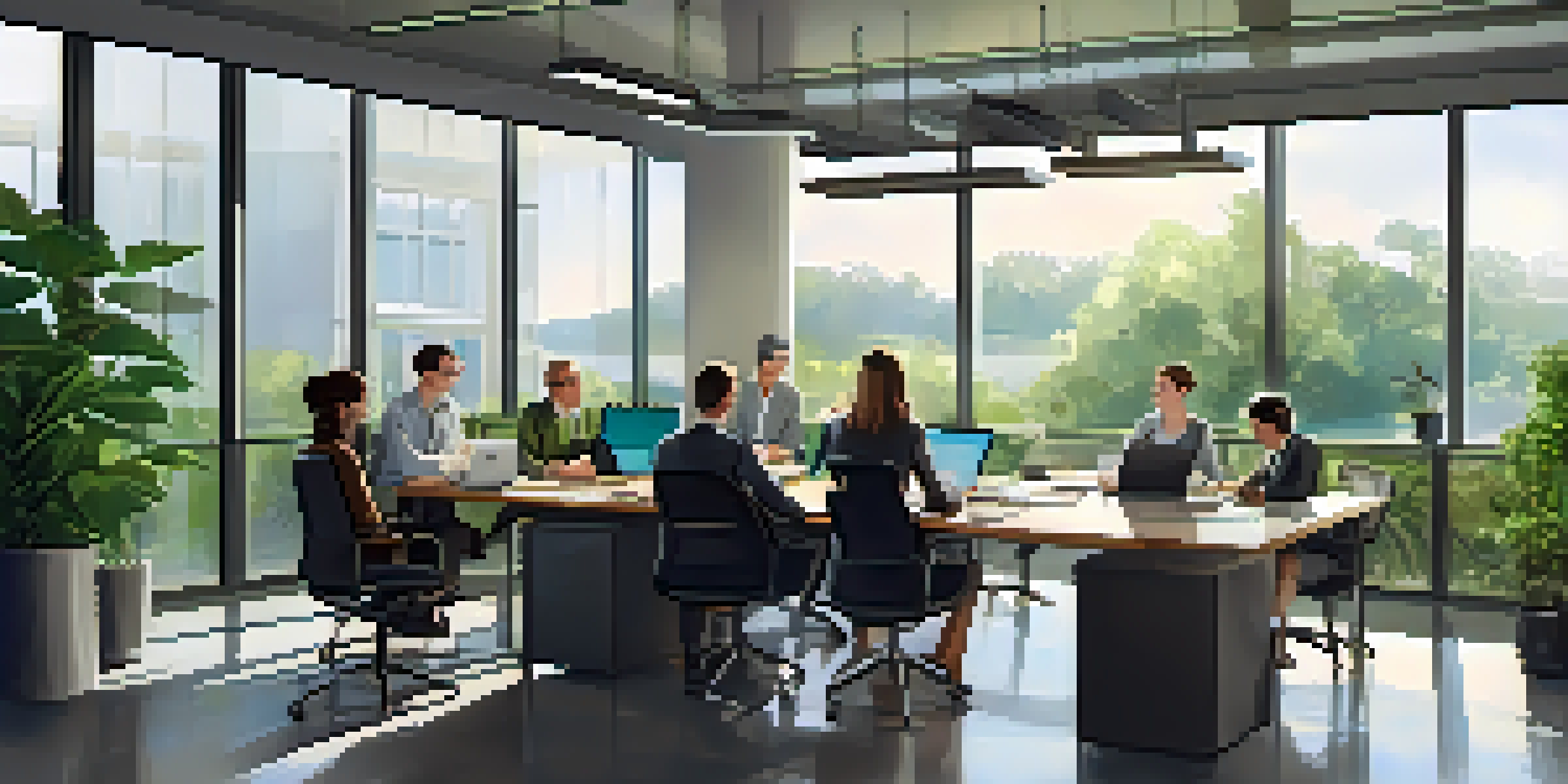 A diverse group of professionals discussing cross-border tax compliance in a bright office with plants and modern decor.