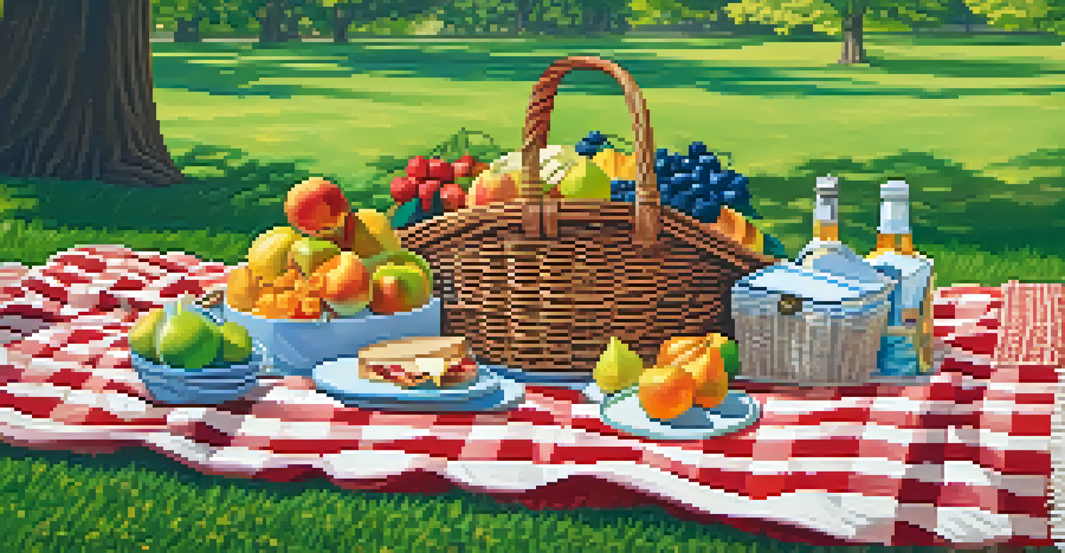 An outdoor picnic setup with a checkered blanket, a wicker basket filled with food, surrounded by lush greenery and colorful flowers.