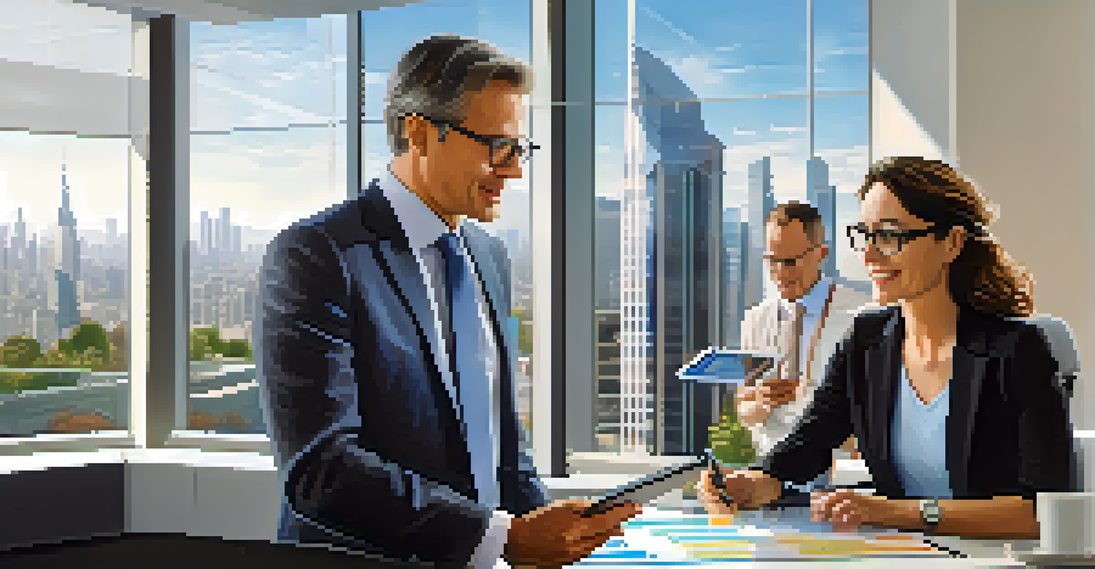 A financial advisor meeting with a couple, discussing financial charts in a modern office.