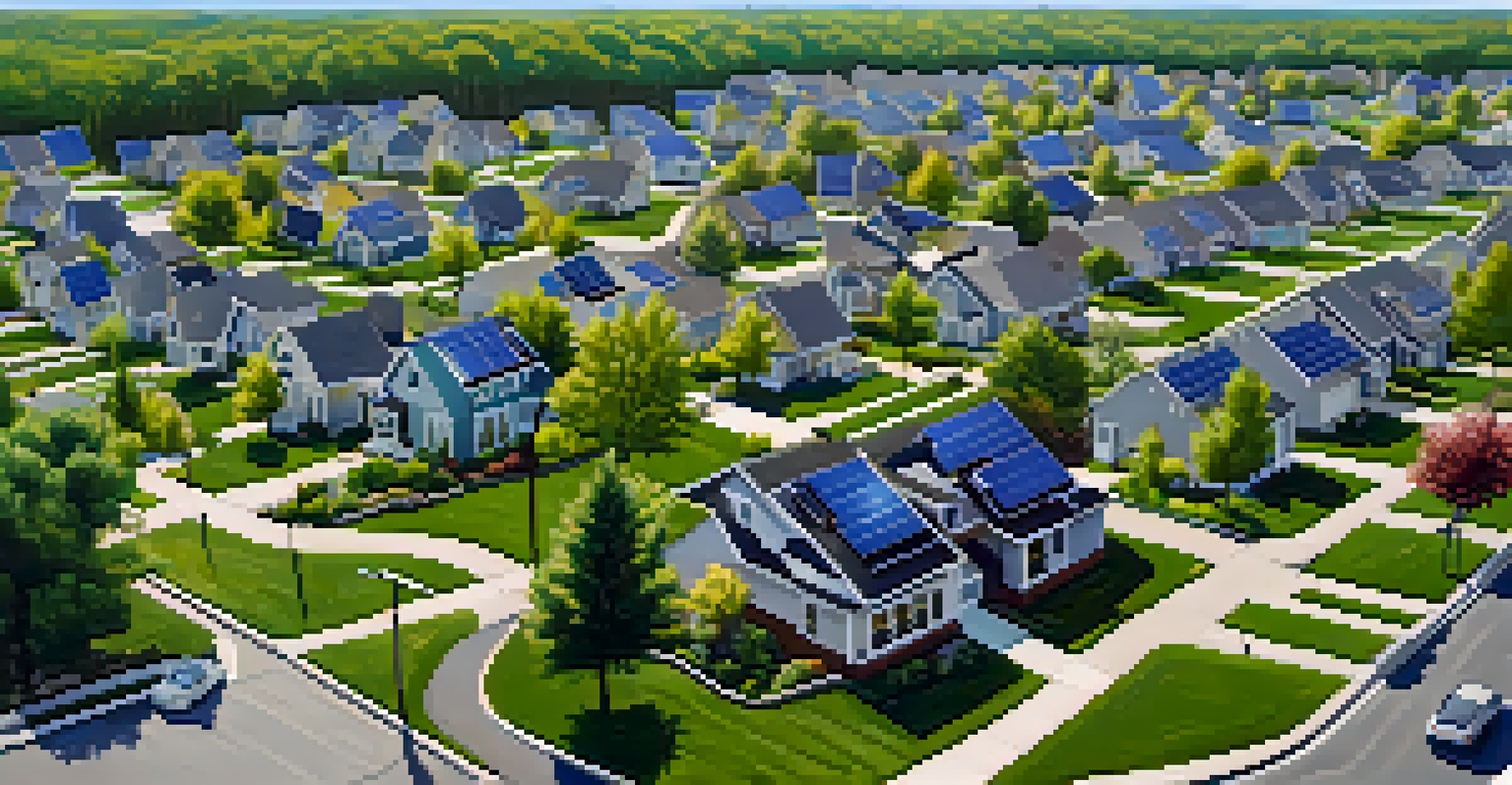 Aerial view of houses with solar panels in a suburban neighborhood.