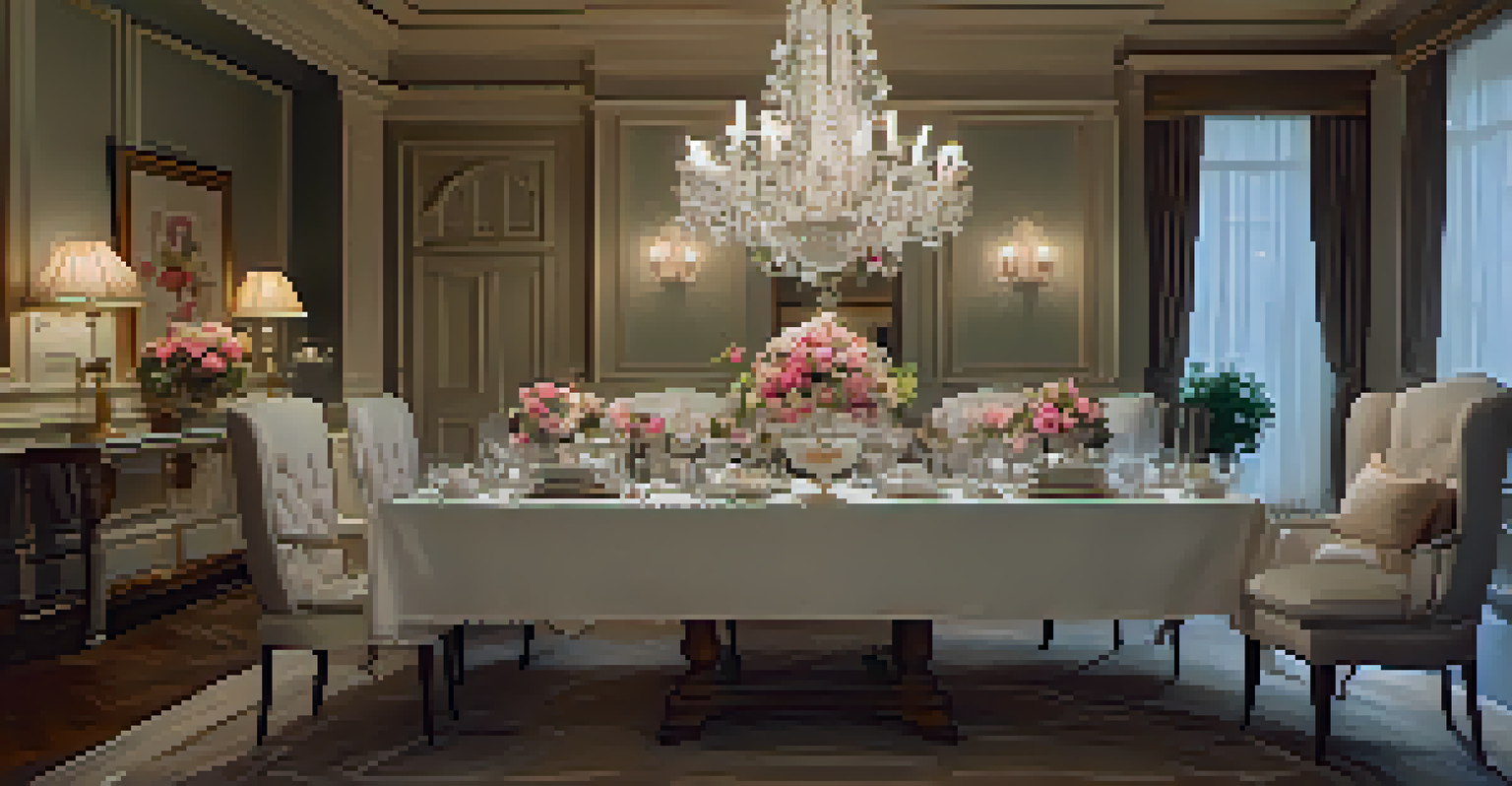 A beautifully arranged dining table set for a formal dinner with fine china and floral decorations.