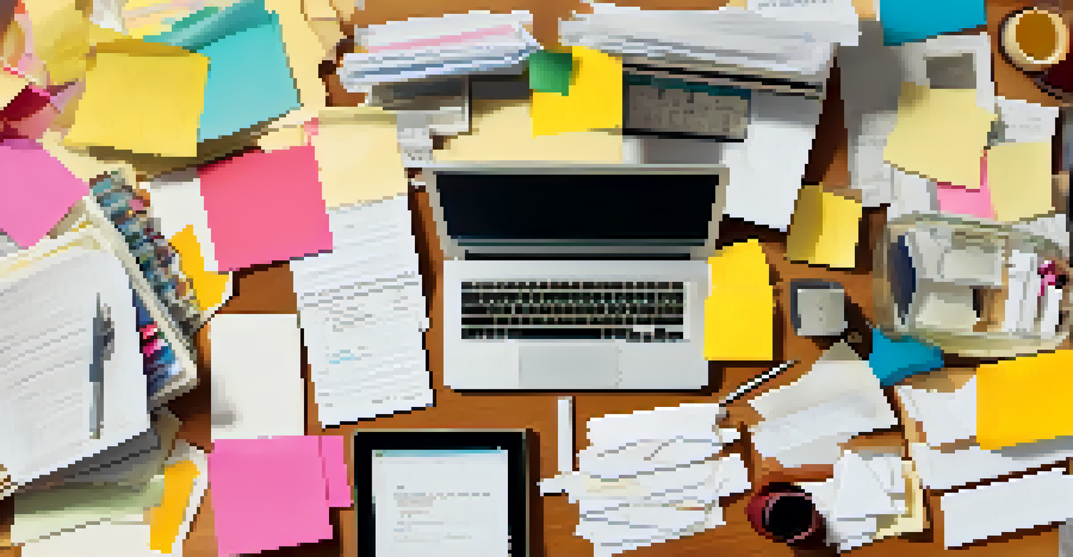 A cluttered desk with disorganized papers and sticky notes, illustrating the need for better organization.