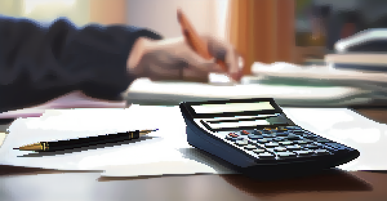 A close-up of a hand using a calculator while holding rental contracts, with a home interior softly blurred in the background.