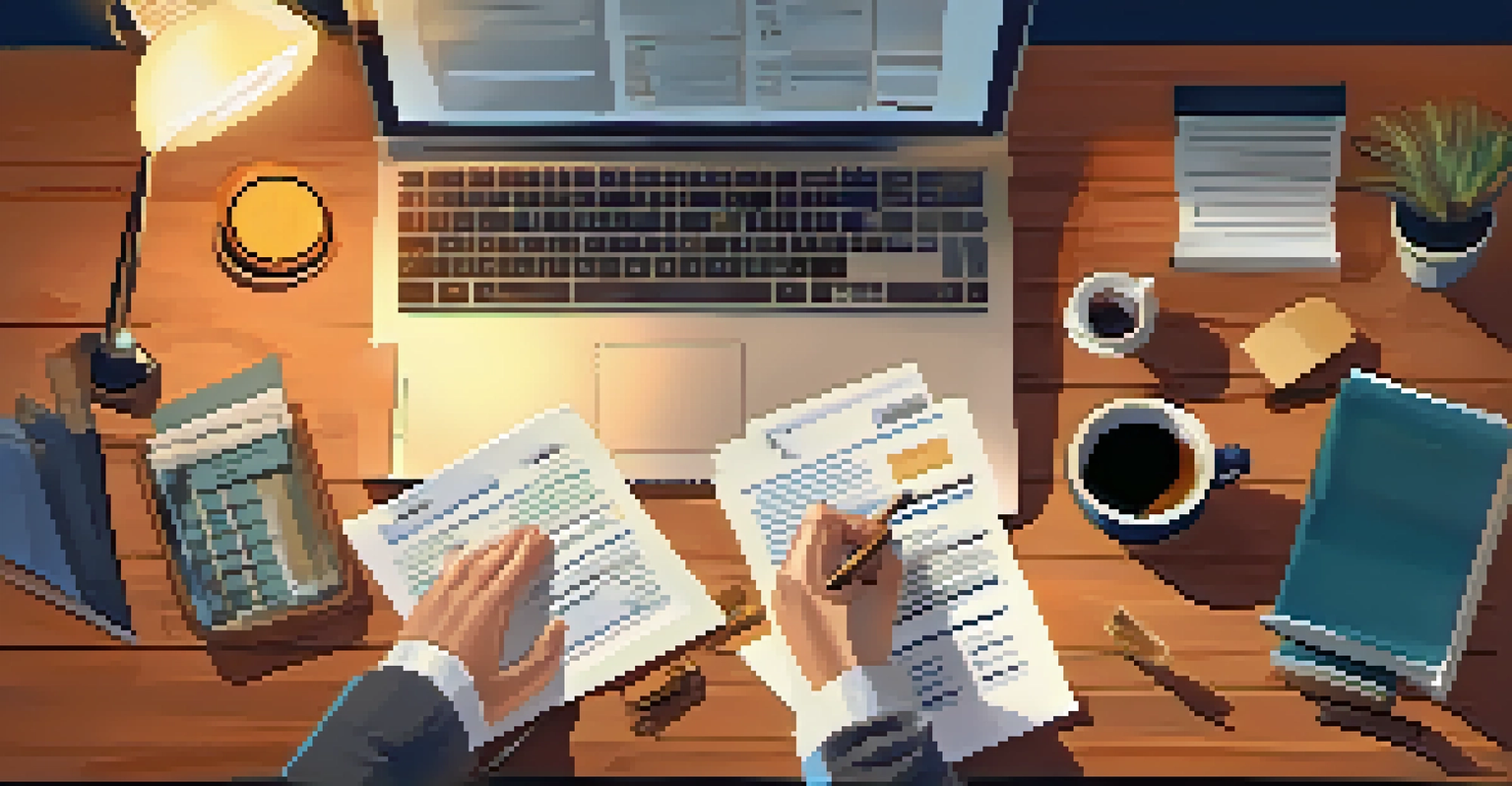 A close-up of hands typing on a laptop with tax documents on a wooden desk and a warm lamp light.