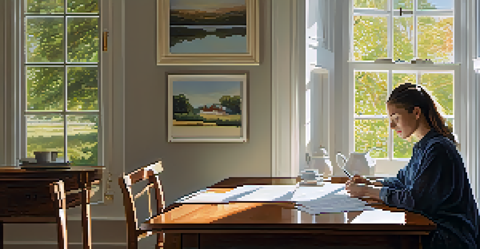 A person reviewing tax documents at a dining table bathed in sunlight, with decorative items and a notebook around them.