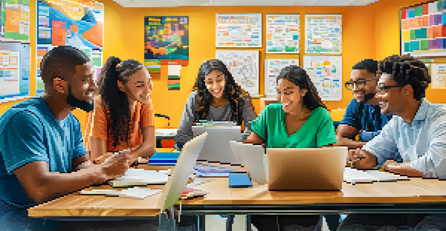 Diverse adult learners collaborating in a bright study environment, surrounded by textbooks and laptops, showing expressions of focus and teamwork.