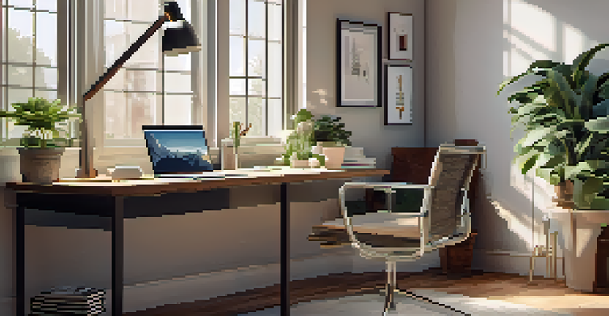 A well-organized home office with a laptop on a wooden desk, a chair, a potted plant, and natural light coming through a window.
