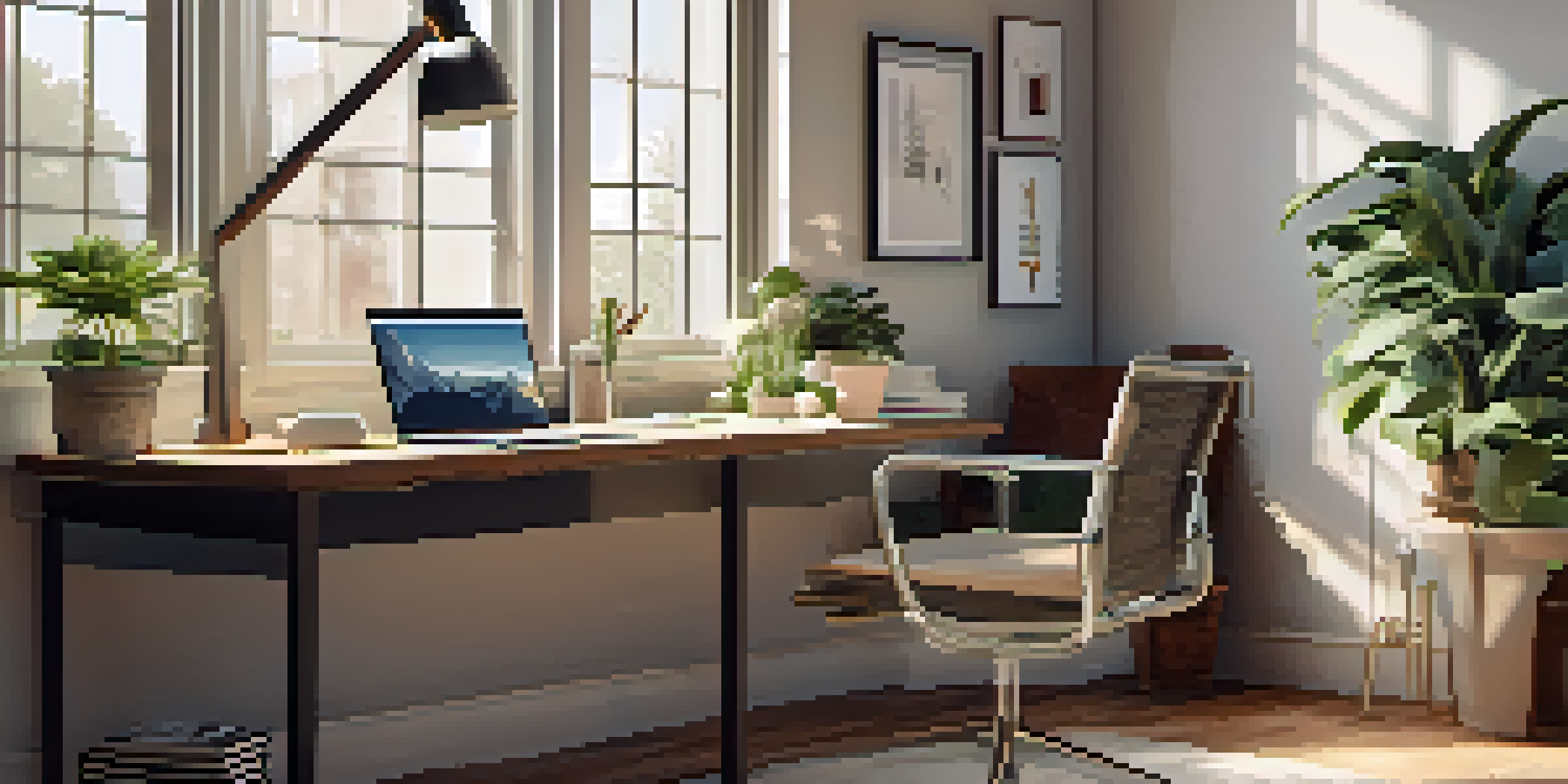 A well-organized home office with a laptop on a wooden desk, a chair, a potted plant, and natural light coming through a window.