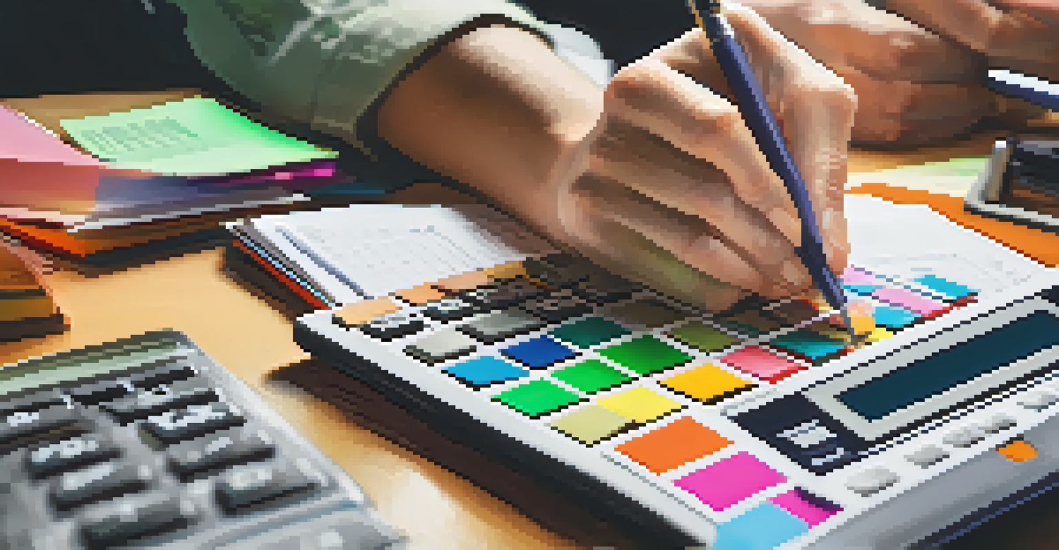 Close-up of hands using a calculator and tax documents with colorful sticky notes on a desk, with a warm lamp light.