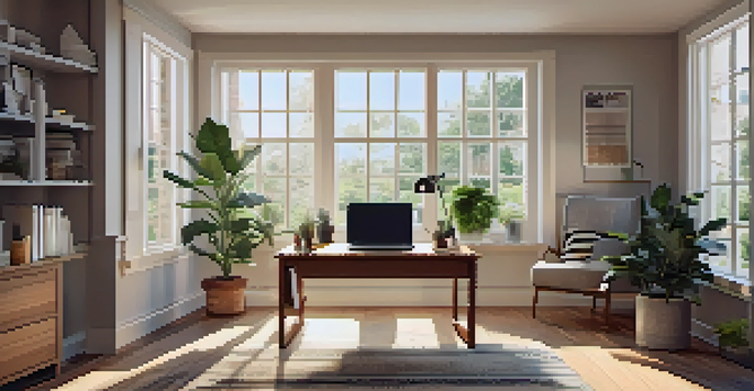 A cozy home office with a wooden desk, a laptop showing tax documents, a potted plant, and a coffee mug, illuminated by natural light from a window.