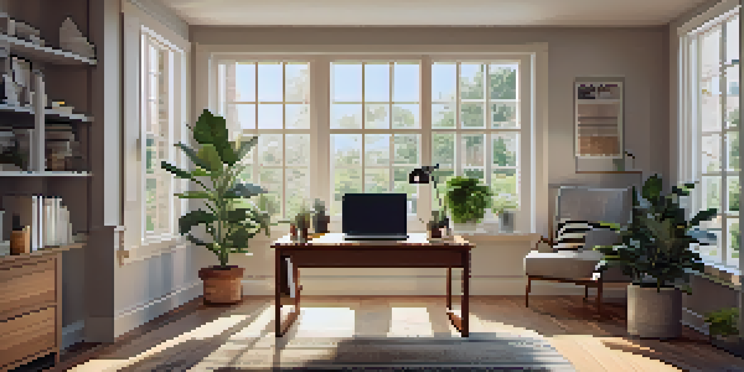 A cozy home office with a wooden desk, a laptop showing tax documents, a potted plant, and a coffee mug, illuminated by natural light from a window.