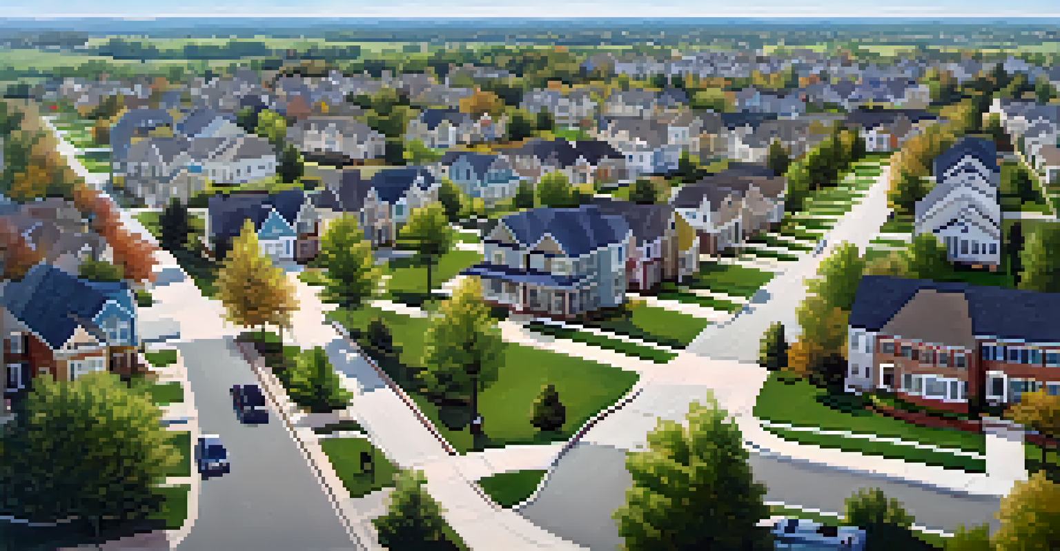 Aerial view of a suburban neighborhood with houses, parks, and schools, showcasing a well-planned community.
